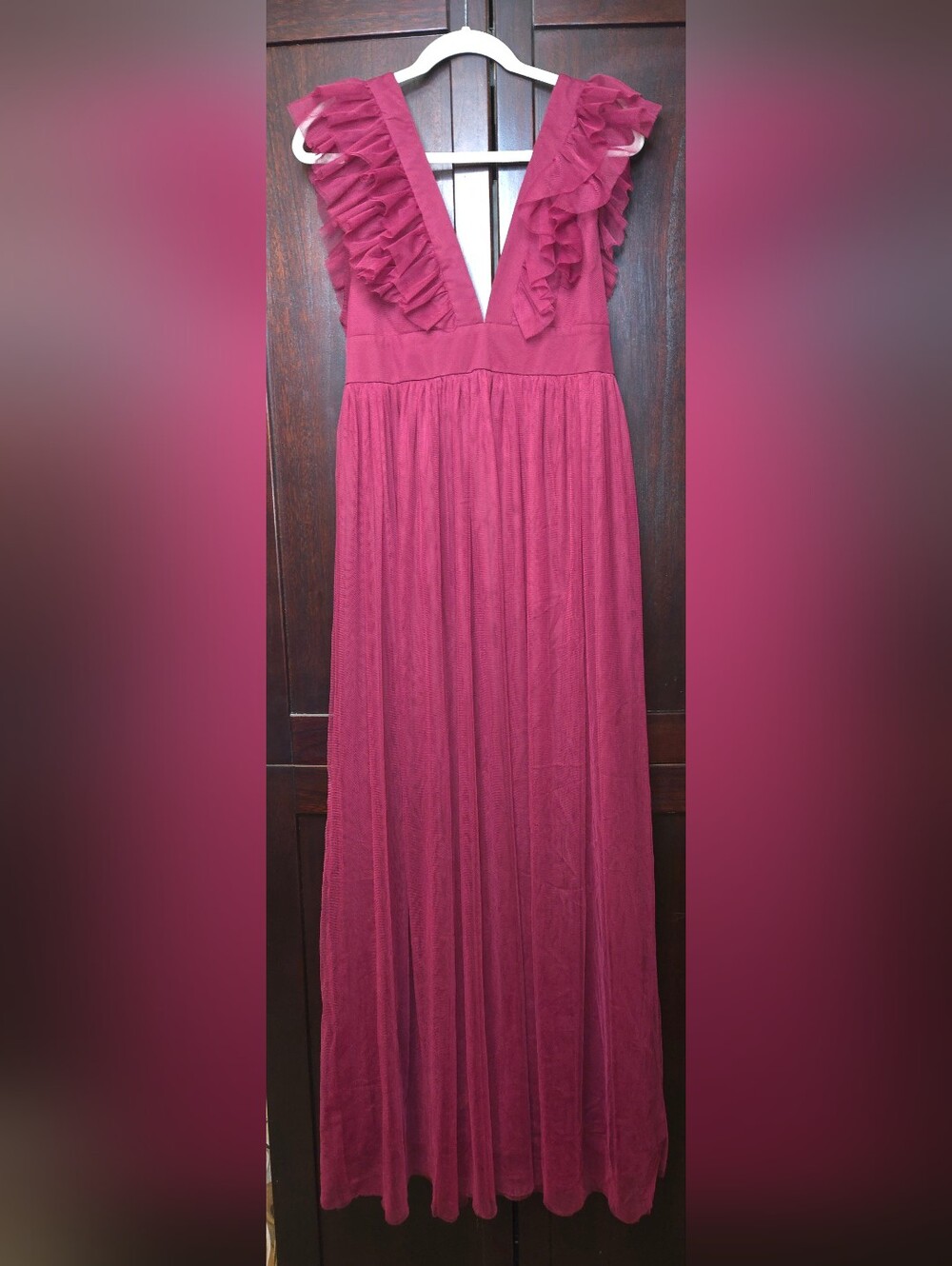 Lulus Burgundy Wine Ruffle Maxi Dress Size Large Deep V Formal Wedding Guest